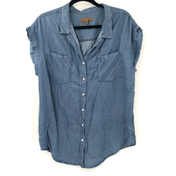 JACH'S GIRLFRIEND Quinn Chambray Denim Shirt Cap Sleeve Tencel Lyocell Women L - Picture 2 of 7